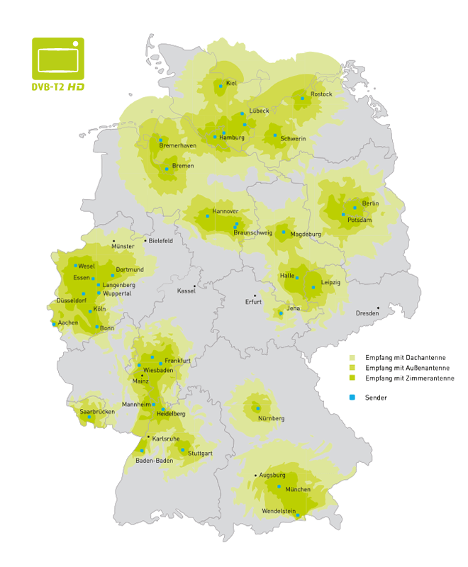 DVB-T2 HD Empfangsregionen in Deutschland