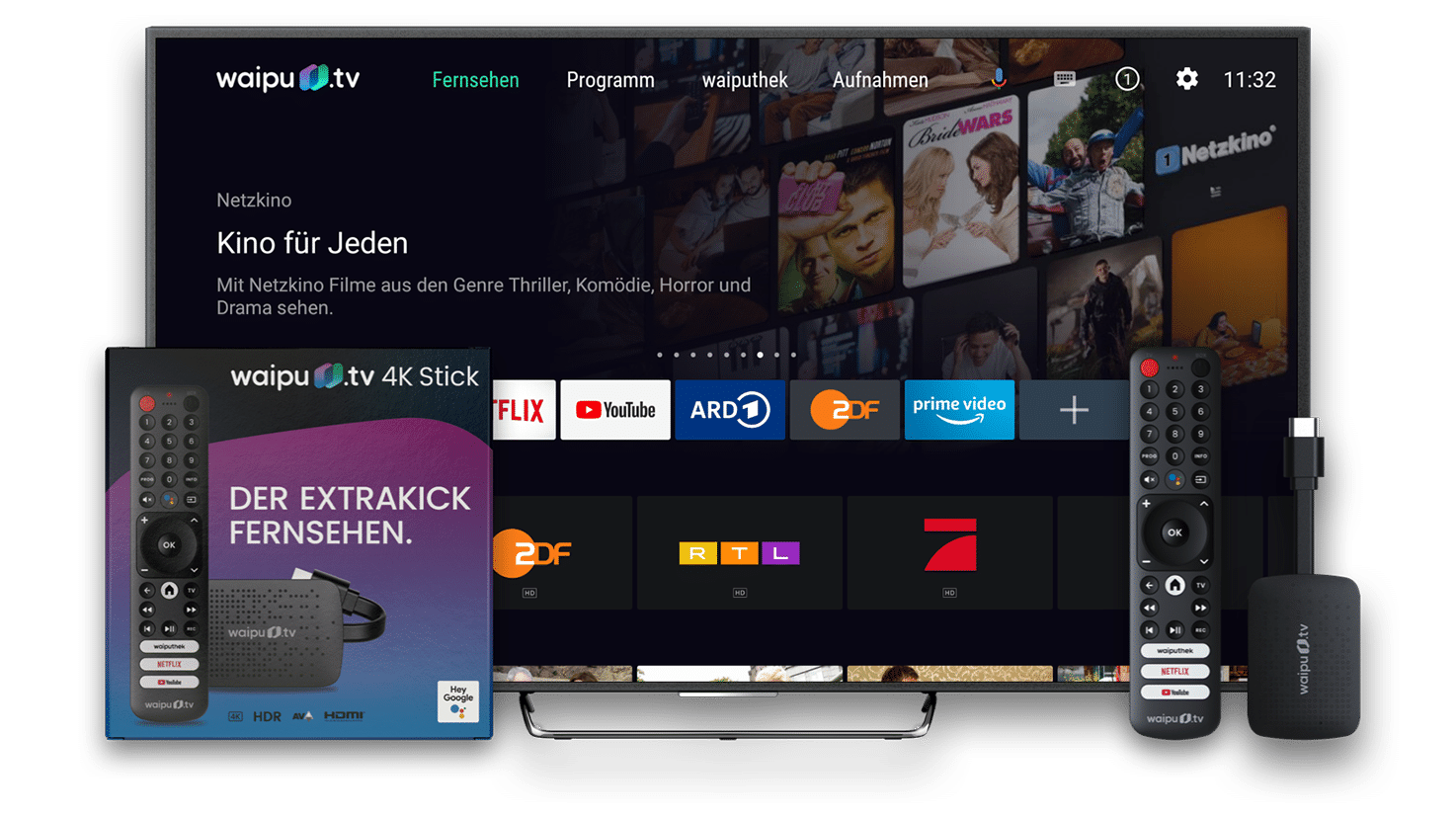 Fernsehen mit dem waipu.tv 4K Stick inkl. Universalfernbedienung.