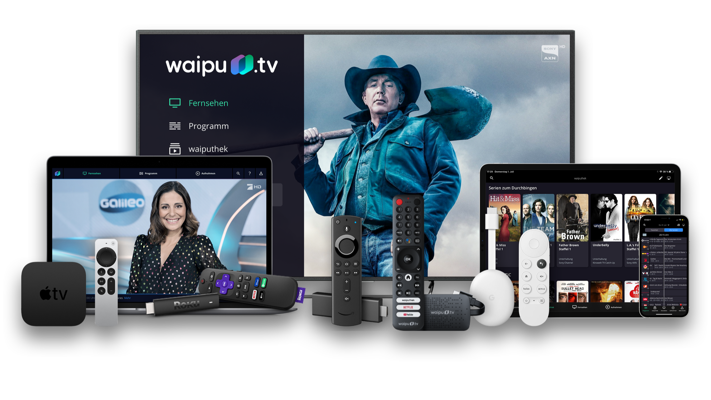 Fernsehen auf alle Geräten: Smartphone, Tablet und Fernseher.
