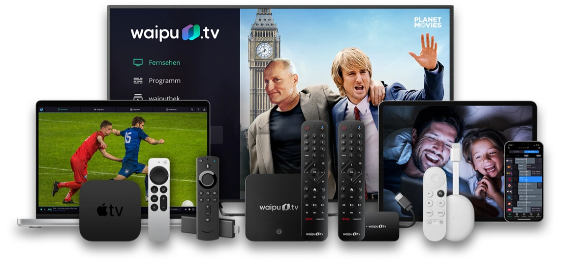 Darstellung aller von waipu.tv unterstützen Geräte, auf denen Sie TV streamen können.