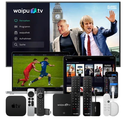 Darstellung aller von waipu.tv unterstützen Geräte, auf denen Sie TV streamen können.
