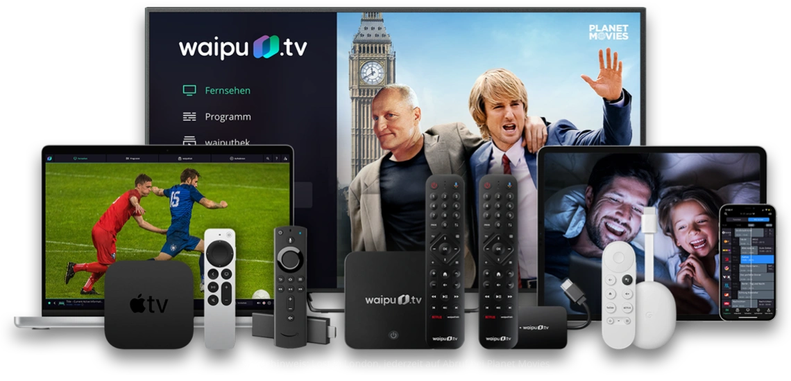 Darstellung aller von waipu.tv unterstützen Geräte, auf denen Sie TV streamen können.