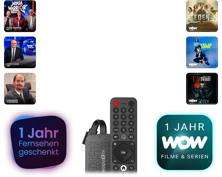 Das Angebot in der Übersicht: waipu.tv 4K Stick kaufen und 1 Jahr Fernsehen mit waipu.tv geschenkt inkl. WOW Filme & Serien