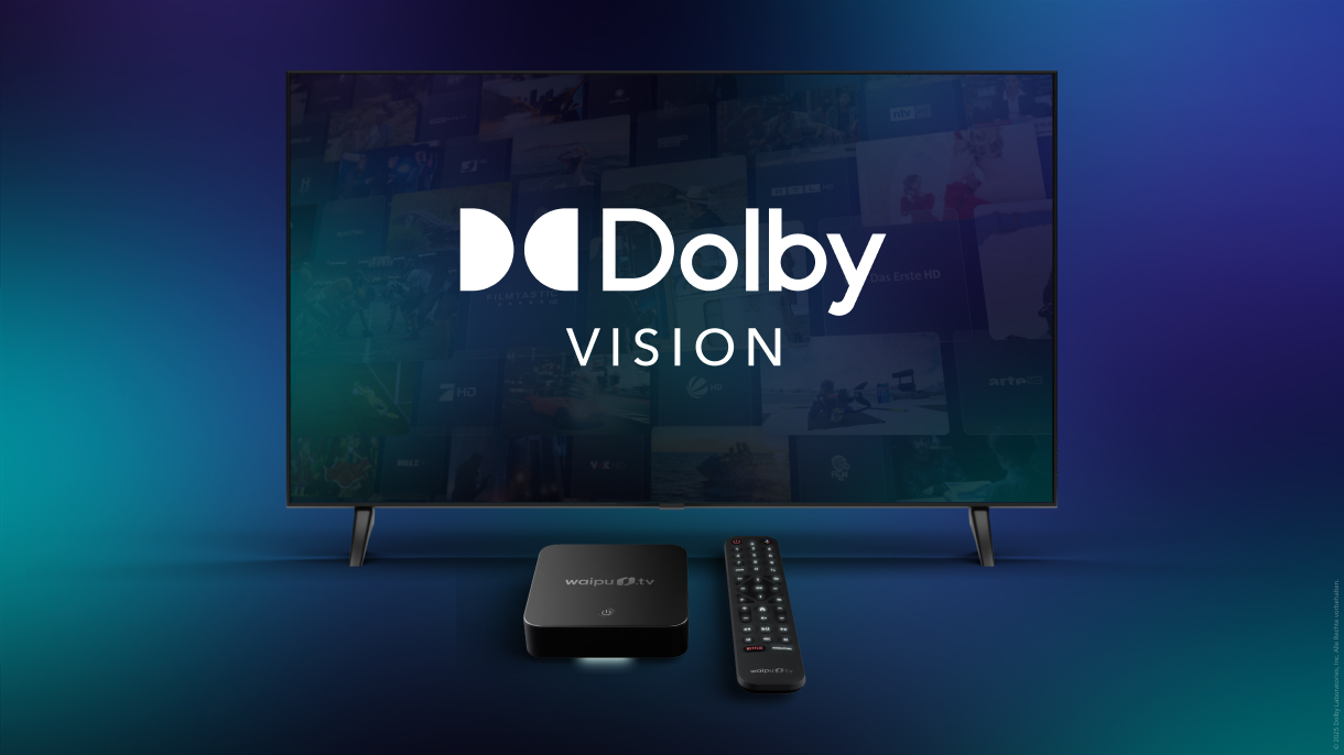 Kinoerlebnis mit Dolby Vision im Wohnzimmer erleben. Zahlreiche Apps unterstützten Dolby Vision wie auch die waipu.tv Box.